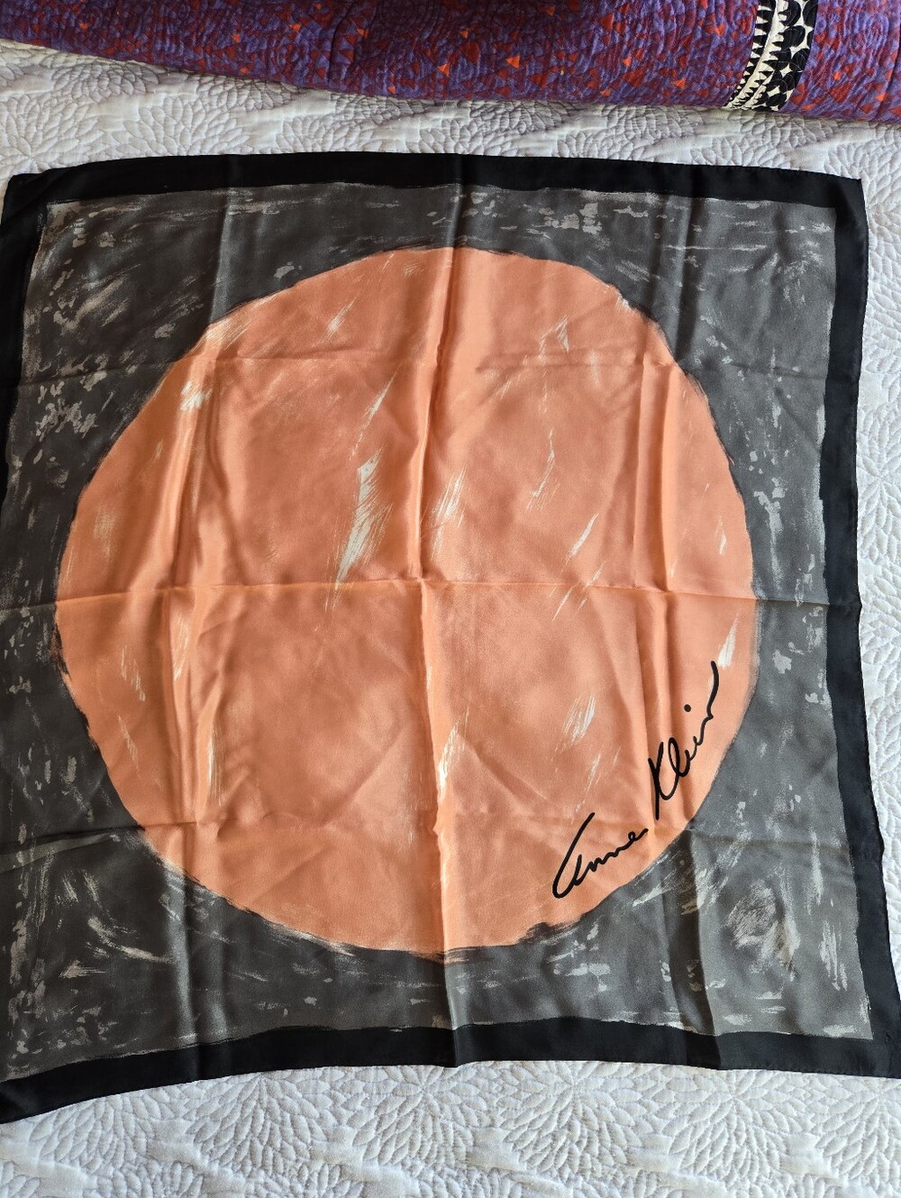 Rare Anne Klein Coral and Gray Signature Silk Scarf - Picture 4 of 4